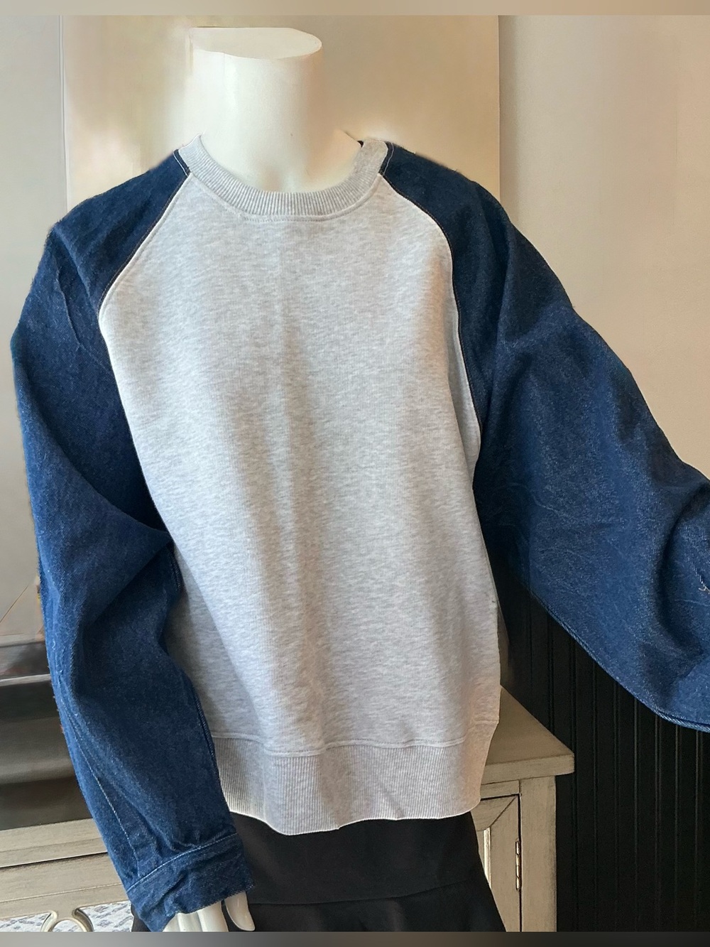Zara Denim & Gray Oversized Slouchy Sweatshirt Chunky Streetwear Preppy SZ Med - Picture 3 of 13